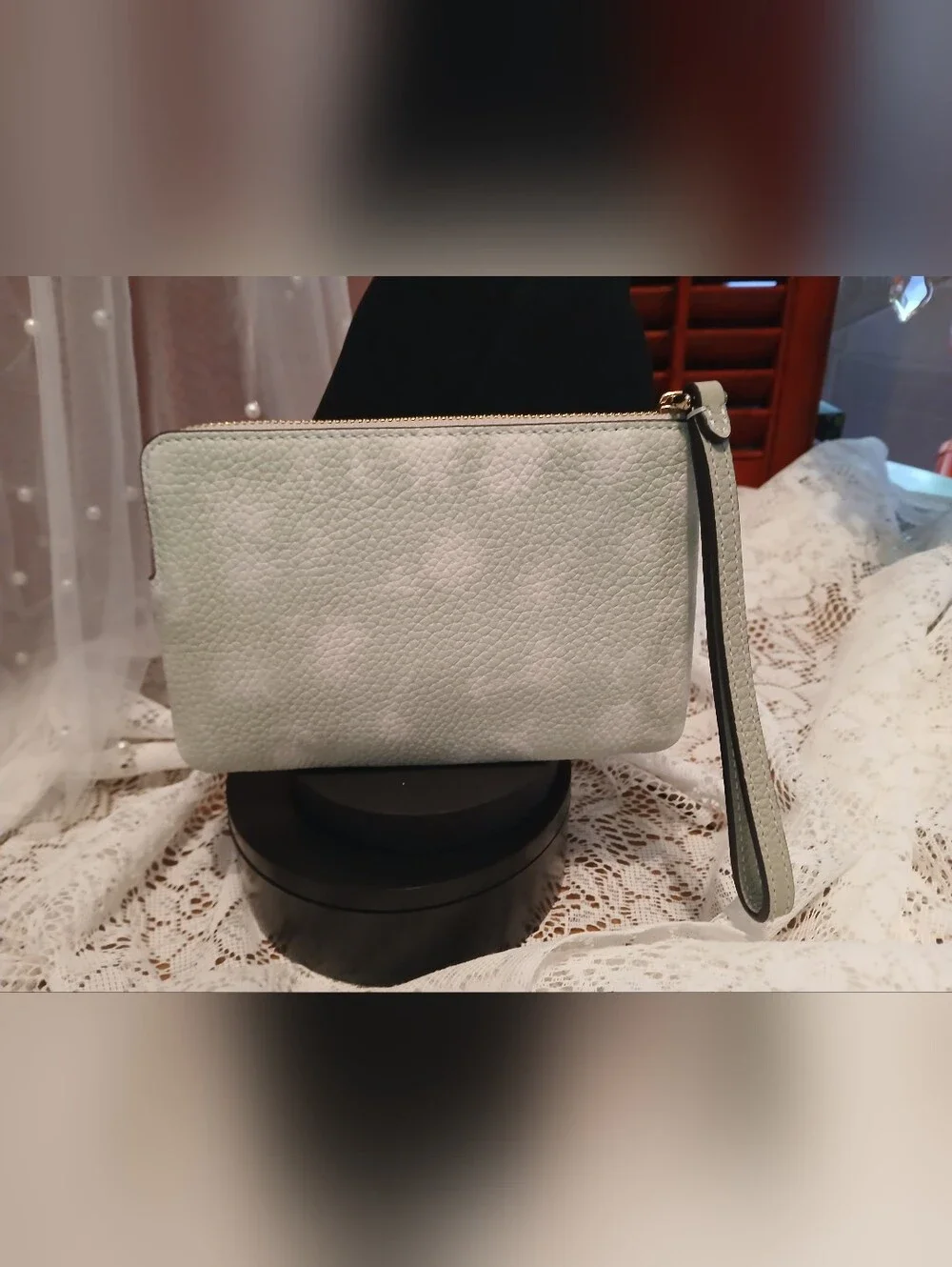 COACH Pebbled Leather Wristlet - Sage Green And Cream